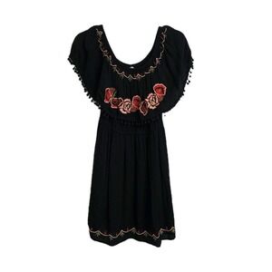 Dizzylissy Mini Dress Womens‎ M Black Embroidered Off Shoulder Bohemian Gypsy